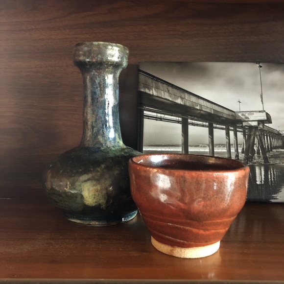 Vintage Handmade Glazed Pottery Vessel and Bowl